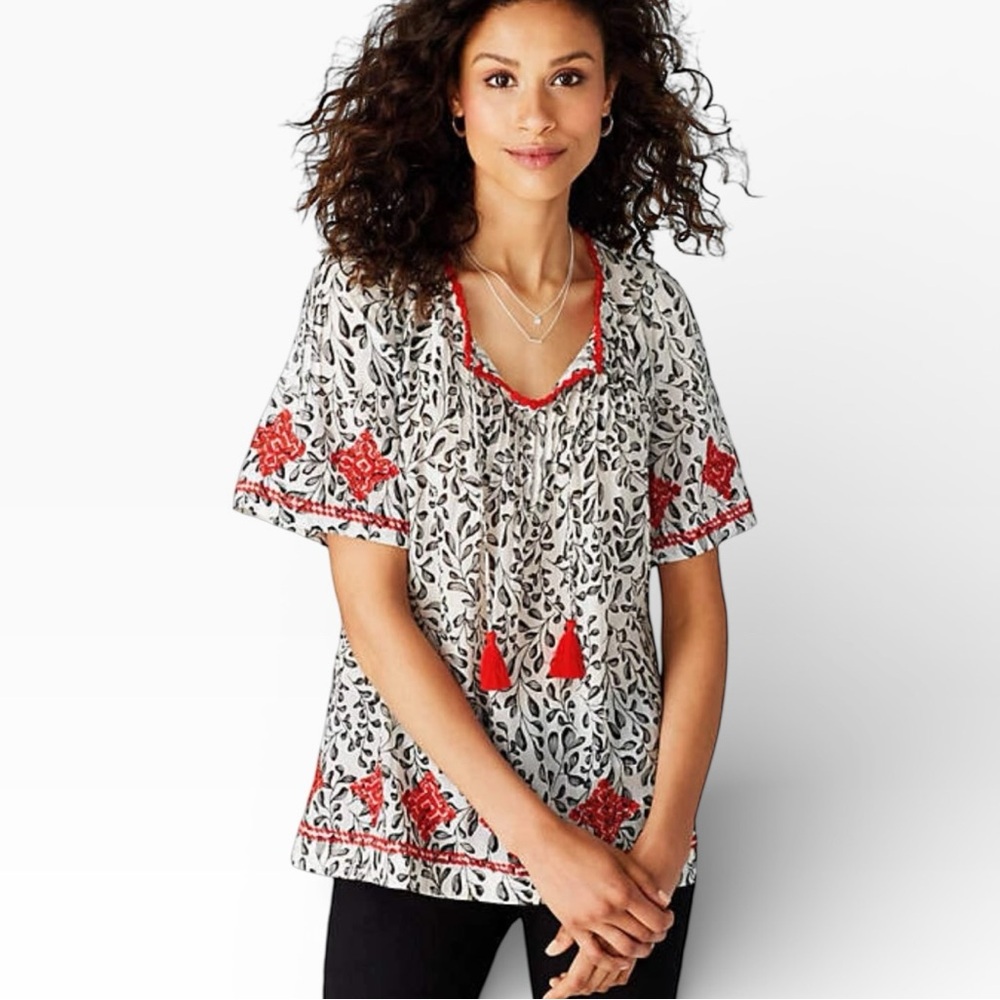 J. Jill White Red Tassel Embroidered Pintucked Floral Boho Peasant Top Size XL